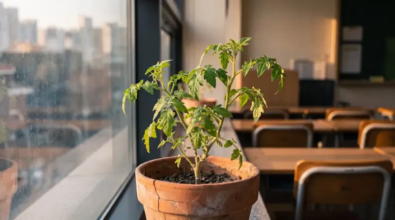 아침 햇살이 쏟아지는 창가. 같은 화분에서 초록 잎이 살아나 있다.